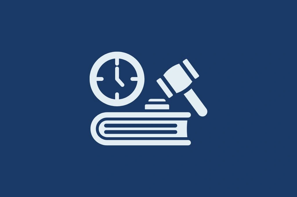 Illustrative image showing a clock, book, and gavel.