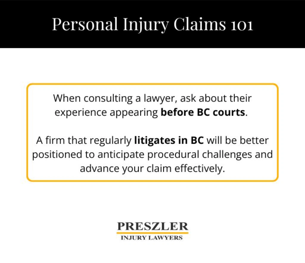 Graphic explaining the importance of choosing a personal injury law firm that regularly litigates in BC